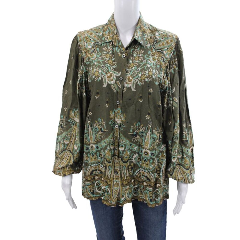 Paul & Joe Women Tunic Blouse Green Paisley Collared Viscose Long Sleeve Size 4